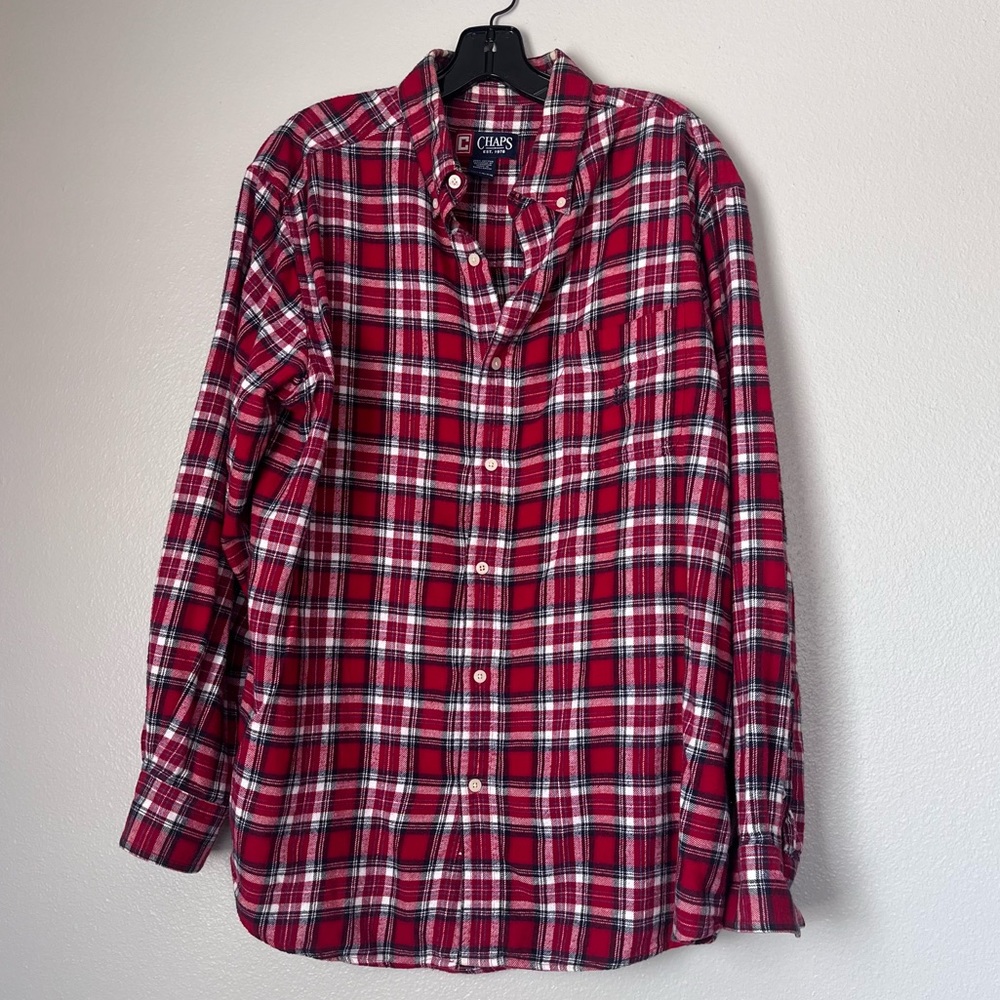 CHAPS Men’s XL Flannel Long Button Down Sleeve Red Blue‎ White